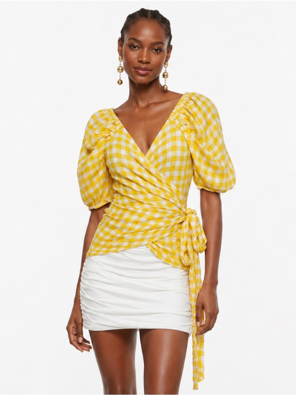 RESORTWEAR Vacation Tropical Cotton Yellow/White Gingham Wrap Top Puff Sleeve M